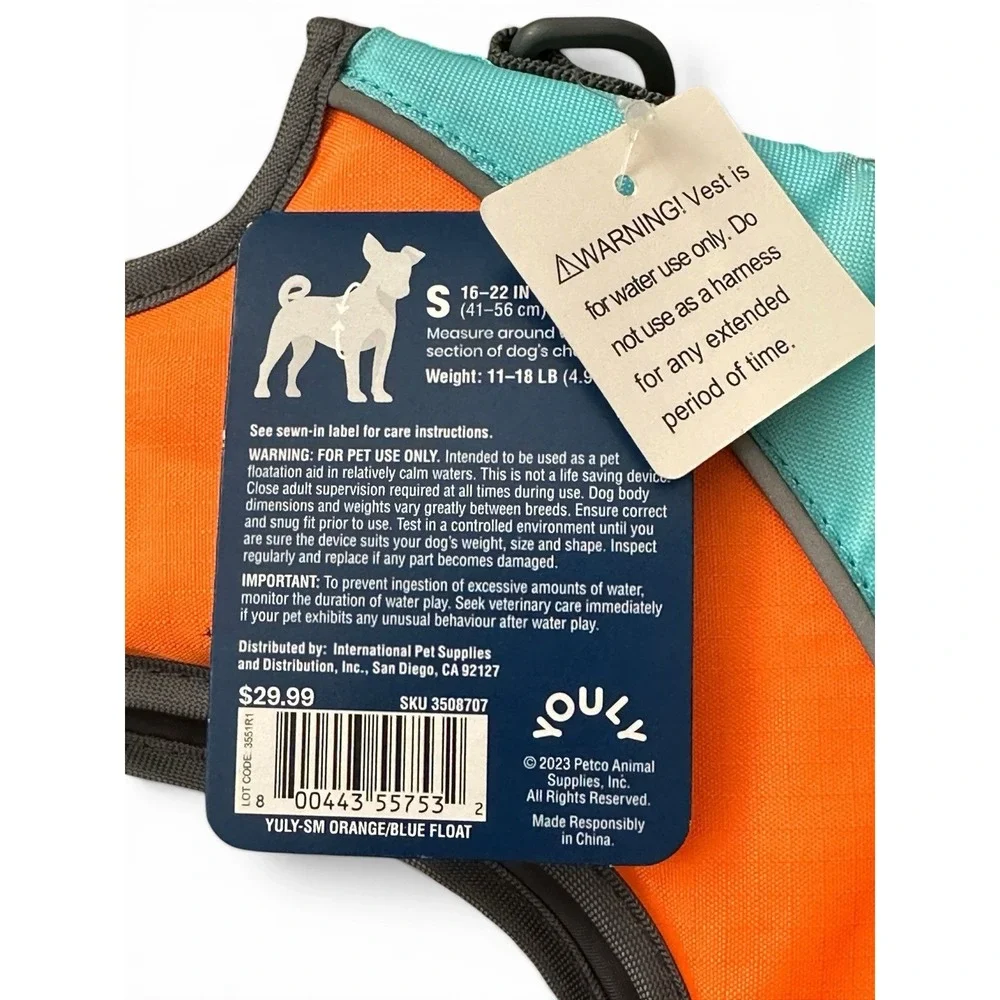 Youly The Beach Bum Dog Life Jacket Flotation Vest Orange Blue Small Handle NWT